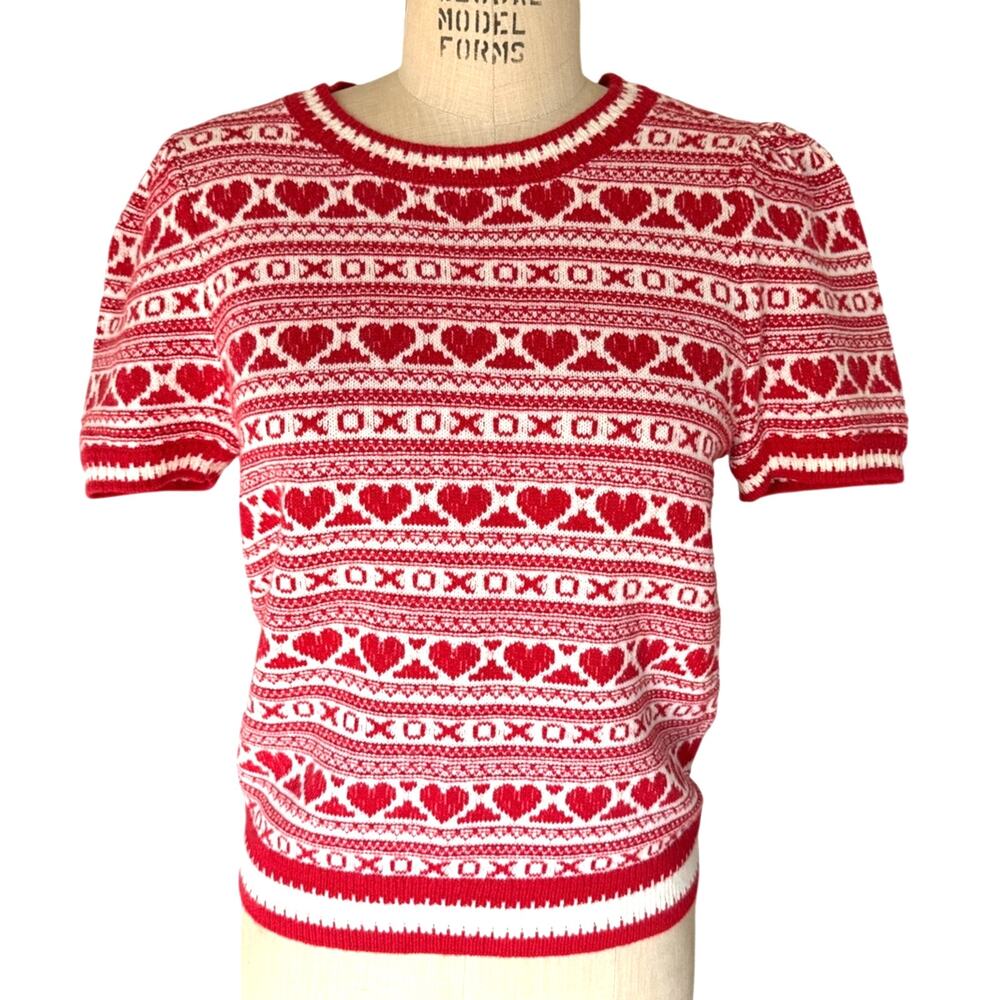 Marled Red & White Heart XO Knit Tee Sweater Size Medium NEW